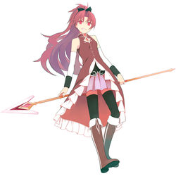  bad_id bad_pixiv_id black_thighhighs boots detached_sleeves female full_body grin highres long_hair looking_at_viewer magical_girl mahou_shoujo_madoka_magica mahou_shoujo_madoka_magica_(anime) nnyu photoshop_(medium) pleated_skirt polearm polearm_behind_back ponytail red_eyes red_hair sakura_kyoko sakura_kyoko_(magical_girl) shoe_soles simple_background skirt smile solo spear thighhighs weapon zettai_ryouiki 