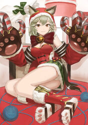  :3 animal_ears bodice bow bowtie breasts cat_ears cat_tail christmas claw_(weapon) claws cleavage collar commentary_request detached_sleeves ears_through_headwear erune female fur_trim gloves granblue_fantasy grey_hair hair_between_eyes long_hair looking_at_viewer lying medium_breasts miniskirt panties pantyshot plaid plaid_skirt red_bodice sen_(granblue_fantasy) skirt smile solo tail thighs underwear upskirt wasabi60 weapon white_panties yarn yarn_ball 