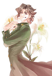  1boy bad_id bad_pixiv_id brown_eyes brown_hair earrings flower gakuran jewelry jojo_no_kimyou_na_bouken kakyoin_noriaki kinoshita_kirin lily_(flower) male_focus narrow_waist red_eyes school_uniform solo stardust_crusaders 