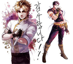  2boys birthmark blonde_hair commentary_request dio_brando ear_birthmark fingerless_gloves gloves jojo_no_kimyou_na_bouken jonathan_joestar multiple_boys muscular phantom_blood photoshop_(medium) purple_hair red_eyes sb_(hiratsei) 