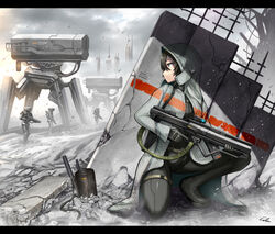  black_eyes black_hair camouflage camouflage_cloak commentary_request female gia gloves gun holding holding_gun holding_weapon hood hoodie letterboxed mecha on_one_knee optical_camouflage original rifle robot rubble ruins science_fiction short_hair solo weapon 