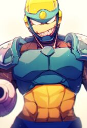  1boy abs android arm_cannon artist_name blurry commentary_request flash_man grin highres looking_at_viewer male_focus mega_man_(classic) mega_man_(series) mega_man_2 nyaph sharp_teeth smile solo teeth weapon 