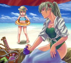  2girls bad_id bad_pixiv_id beach beach_umbrella bikini blush breasts cleavage day green_eyes green_hair hair_ribbon hat hat_ribbon innertube long_hair medium_breasts midori_uzuki mother_and_daughter multiple_girls noche_chunzi ocean one-piece_swimsuit photoshop_(medium) picnic_basket ponytail ribbon shirt short_hair short_twintails straw_hat swim_ring swimsuit towel twintails umbrella xenogears yui_uzuki 