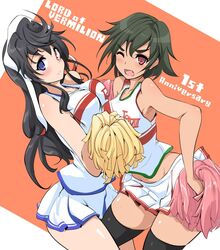  2girls ;d alternate_costume angela_(lord_of_vermilion_iii) bad_id bad_twitter_id black_hair black_legwear blue_eyes blush breasts cheerleader copyright_name cowboy_shot deed_(lord_of_vermilion_iii) green_hair heterochromia long_hair lord_of_vermilion lord_of_vermilion_iii medium_breasts momio multiple_girls one_eye_closed open_mouth pom_pom_(cheerleading) red_eyes short_hair skirt smile thighhighs 