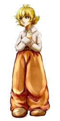  android blonde_hair commentary_request female full_body green_eyes hands_on_own_chest metropolis oversized_clothes pants short_hair simple_background siriusb solo standing tima_(metropolis) white_background 