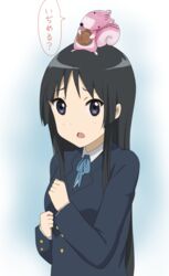  akiyama_mio animal animal_on_head black_hair blue_eyes bonobono chipmunk chipmunk_on_head commentary_request crossover female k-on! long_hair nut_(food) on_head sakuragaoka_high_school_uniform school_uniform shimarisu_(bonobono) shizupu squirrel 