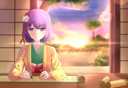  :o bad_id bad_pixiv_id female hair_ornament hairclip hieda_no_akyuu highres japanese_clothes kimono lens_flare pen purple_eyes purple_hair scroll short_hair sunlight touhou twilight ucukrtz writing 