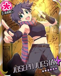  1boy bad_id bad_pixiv_id black_hair card_(medium) card_parody character_name cinderella_girls_card_parody commentary_request crop_top fingerless_gloves flower_(symbol) gloves green_eyes grin groin idolmaster idolmaster_cinderella_girls jojo_no_kimyou_na_bouken joseph_joestar joseph_joestar_(young) jumping male_focus midriff parody pointing purple_hair scarf smile solo toned toned_male yuzuru_(xxelysionxx) 