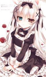  alice_claudia animal_ears bad_id bad_pixiv_id black_bow black_footwear blue_eyes bow commentary_request female flower hairbow heterochromia long_hair maid maid_headdress md5_mismatch original red_eyes red_flower red_rose resolution_mismatch rose solo source_larger tsukikage_nemu white_hair 