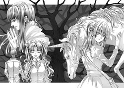  1boy 3girls animalization commentary_request fantasyxing fate/zero fate_(series) greyscale highres horns long_hair matou_kariya matou_sakura monochrome multiple_girls pegasus photoshop_(medium) single_horn tohsaka_aoi tohsaka_rin tohsaka_tokiomi twintails unicorn 