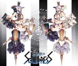  2girls blue_hair breasts commentary_request dual_persona highres looking_at_viewer multiple_girls musical_note original red_eyes short_hair small_breasts soundress_(t.a.k.) symmetry t.a.k. 