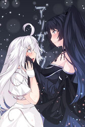  2girls ahoge black_eyes black_hair blue_eyes blush commentary_request decchi_oyabun dress gloves highres long_hair multiple_girls original pen_tablet personification ponytail snow tears very_long_hair white_hair 