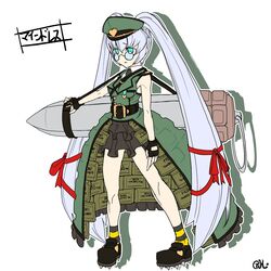  breasts claymore_(mine) commentary_request explosive female fingerless_gloves full_body glasses gloves hat heart long_hair medal medium_breasts mindress_(t.a.k.) mine_(weapon) original shoes simple_background solo spiked_footwear spiked_shoes spikes t.a.k. twintails very_long_hair white_background 