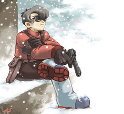  1boy black_hair boots commentary_request crossed_legs gloves gun handgun holster lowres male_focus masato_(oal) metropolis rock_(metropolis) rock_(tezuka_osamu) sitting snow snowing solo sunglasses suspenders weapon 