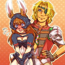  1boy animal_ears armor bad_id bad_pixiv_id bartholomew_fatima basch_fon_ronsenburg basch_fon_ronsenburg_(cosplay) blonde_hair blue_eyes blush breastplate breasts brown_hair cleavage cosplay ears_through_headwear eyepatch female final_fantasy final_fantasy_xii fran_(ff12) fran_(ff12)_(cosplay) full-face_blush helmet long_hair marguerite_fatima medium_breasts noche_chunzi parody pauldrons photoshop_(medium) rabbit_ears see-through shoulder_armor smile sweatdrop tail viera xenogears 