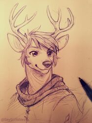  2015 3:4 anthro antlers clothed clothing deer eyebrows fur hair hoodie horn looking_away male mammal paper pen pen_(artwork) seylyn shadow short_hair smile solo topwear traditional_media_(artwork) 