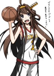  ball basketball basketball_(object) basketball_uniform black_eyes brown_hair commentary_request double_bun female hair_bun hairband hirayama_(hirayamaniwa) kantai_collection kongou_(kancolle) long_hair solo sportswear translation_request 