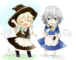  2girls blonde_hair blue_eyes blush chibi closed_eyes commentary_request feline hand_to_own_mouth hat izayoi_sakuya kirisame_marisa maid maid_headdress multiple_girls ogawa_maiko open_mouth smile touhou waving 