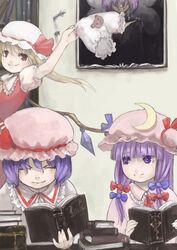  3girls bad_id bad_pixiv_id blonde_hair bloomers book crescent crescent_hat_ornament fangs flandre_scarlet hat hat_ornament long_hair masuchi multiple_girls patchouli_knowledge purple_eyes purple_hair red_eyes remilia_scarlet short_hair touhou underwear wings 