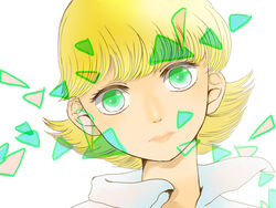  android blonde_hair closed_mouth collared_shirt commentary_request eyelashes female green_eyes ho-mu_(ne5mata3) lips looking_at_viewer metropolis portrait shirt short_hair simple_background solo tima_(metropolis) white_background white_shirt 