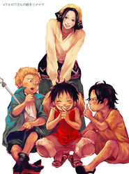  3boys bandana black_hair blonde_hair brothers closed_eyes east_blue family female freckles hat headwear_removed long_sleeves makino_(one_piece) monkey_d_luffy multiple_boys one_piece open_mouth pole portgas_d_ace sabo_(one_piece) sandals shirt shorts siblings sitting skirt smile stampede_string straw_hat t-shirt tank_top translation_request tsuyomaru younger 