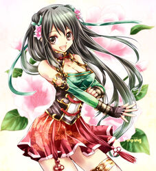  black_hair breasts brown_eyes character_name cleavage commentary_request double_bun female fingerless_gloves flower gloves guan_yinping hair_bun hair_flower hair_ornament long_hair medium_breasts open_mouth shin_sangoku_musou shin_sangoku_musou_7 skirt smile solo su_(pixiv44447) 