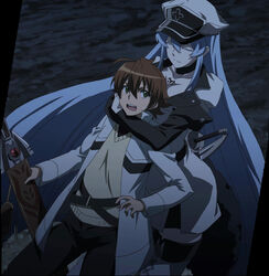  1boy akame_ga_kill! blue_hair breasts brown_hair colored_eyelashes esdeath esdese female hat highres hug large_breasts long_hair night smile square_enix standing stitched tatsumi_(akame_ga_kill!) tattoo 