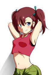  bakusou_kyoudai_let&#039;s_&amp;_go!! bakusou_kyoudai_let&#039;s_&amp;_go!!_max blue_eyes blush breasts commentary_request denim denim_shorts female jewelry long_hair looking_at_viewer midriff navel necklace oogami_marina rahaaru_c red_hair short_shorts shorts small_breasts solo tank_top twintails 