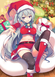  ange_vierge belt black_thighhighs boots bow box breasts christmas christmas_tree detached_sleeves female flipped_hair foreshortening fur_trim gift gift_box grey_hair hair_ribbon hat indoors knee_boots large_breasts leg_up long_hair looking_at_viewer lying midriff navel nya_lapucea one_side_up open_mouth outstretched_arm outstretched_hand photoshop_(medium) print_thighhighs purple_eyes red_footwear ribbon sack santa_boots santa_costume santa_hat sitting skirt sleeves_past_wrists smile snowflake_print solo sparkle stuffed_animal stuffed_toy teddy_bear thighhighs tomose_shunsaku very_long_hair zettai_ryouiki 