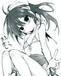  ahoge bad_id bad_pixiv_id bikini bikini_top_only blush bracelet commentary_request female front-tie_top head_scarf highres jewelry monochrome mutsutake navel shorts smile solo sound_voltex swimsuit v yamashina_kanade 