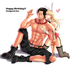  1boy abs animal_ears bangle bare_shoulders beads black_hair blonde_hair blue_eyes blush bow bowtie bracelet character_name commentary_request elbow_pads female happy_birthday heart hug hug_from_behind jewelry log_pose long_hair moda one_piece photoshop_(medium) playboy_bunny portgas_d._ace prayer_beads rabbit_ears shadow short_hair simple_background straight sweatdrop tattoo thighhighs topless_male white_background wrist_cuffs yumiyokiak 