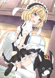  anko_(gochuumon_wa_usagi_desuka?) blonde_hair blue_eyes bunny female from_behind gochuumon_wa_usagi_desu_ka? gochuumon_wa_usagi_desuka? kirima_sharo looking_at_viewer looking_back maid_headdress mirai_(macharge) shoes short_hair solo_focus thighhighs tray waitress white_legwear wrist_cuffs 