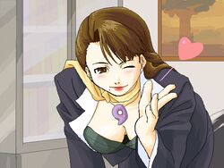  ayasato_chihiro bent_over blush breasts brown-eyes brown_eyes brown_hair capcom cleavage female gyakuten_saiban heart indoors mia_fey mole scarf smile solo wink 