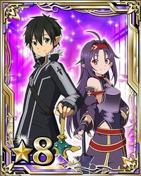  1boy ahoge armor bad_source black_gloves black_hair breastplate card_(medium) detached_sleeves female fingerless_gloves gloves green_eyes hair_between_eyes hairband hand_on_own_hip height_difference holding holding_sword holding_weapon holy_sword_excalibur kirito kirito_(sao-alo) long_hair looking_at_viewer obsidian_slasher official_art pointy_ears purple_armor purple_gloves purple_hair red_eyes red_hairband short_hair smile star_(symbol) sword sword_art_online sword_art_online:_code_register weapon yuuki_(sao) 