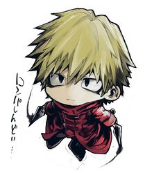  1boy blonde_hair chibi coat commentary_request danganronpa_(series) danganronpa_3_(anime) grey_eyes izayoi_sounosuke kunai long_coat male_focus protected_link red_coat reticulum sanpaku short_hair simple_background solo weapon white_background 