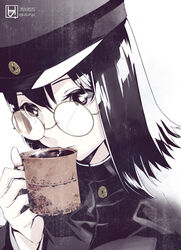  akitsu_maru_(kancolle) bespectacled black_eyes black_hair coffee_mug commentary_request cup female glasses hat kantai_collection looking_away military military_uniform mug pale_skin peaked_cap short_hair solo uniform usui_ryuu 