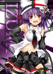  bat belly_button black_legwear black_thighhighs blush collar dress goma_azarasi hayate_no_gotoku! merry_nightmare_(cosplay) microphone midriff navel necktie open_mouth parody purple_hair red_eyes segawa_izumi thighhighs tie yumekui_merry 