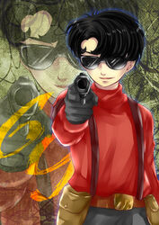  1boy absurdres aiming aiming_at_viewer belt black_hair commentary_request gun handgun highres holding holding_gun holding_weapon koromo_(ttksymk) male_focus metropolis photoshop_(medium) pouch rock_(metropolis) rock_(tezuka_osamu) smile solo sunglasses suspenders weapon zoom_layer 