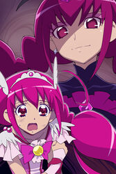  2girls bad_end_happy bad_end_precure black_bodysuit bodysuit bow choker commentary_request cure_happy earrings frills head_wings hoshizora_miyuki jewelry long_hair magical_girl multiple_girls open_mouth pink_bow pink_eyes pink_hair pink_theme precure projected_inset smile_precure sweatdrop tiara tonbi twintails wings wrist_cuffs 