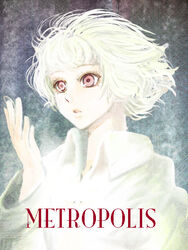  android colored_skin commentary_request copyright_name female metropolis pale_skin photoshop_(medium) red_skin saitou_de_shita short_hair solo tima_(metropolis) white_hair 