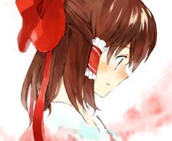  blue_eyes blush bow brown_hair commentary_request female hairbow hakurei_reimu ogawa_maiko open_mouth red_bow solo touhou 