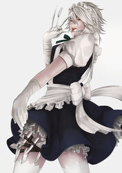  bad_id bad_pixiv_id braid female fork highres holster izayoi_sakuya knife maid maid_headdress pochiharu red_eyes short_hair solo thigh_holster tongue touhou twin_braids white_hair 