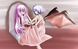  2girls bat_wings blue_hair book commentary_request kasaiji multiple_girls patchouli_knowledge purple_hair red_eyes remilia_scarlet touhou wings 