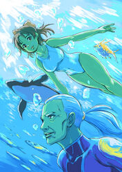  1boy aoi_minamo brown_hair commentary_request diving diving_suit female fish freediving haru_masamichi hirokazu one-piece_swimsuit ponytail real_drive swimming swimsuit underwater white_hair 