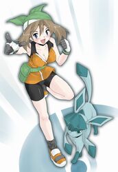  alternate_costume bandana belt_pouch bike_shorts blue_eyes breasts brown_hair cleavage endou_masatoshi female glaceon gloves may_(pokemon) medium_breasts pointing pokemon pokemon_(anime) pokemon_(creature) pokemon_dppt_(anime) pouch short_hair solo_focus thighs 