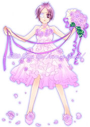  :o bare_shoulders bouquet bride chrome_dokuro dress eyepatch female flower full_body katekyo_hitman_reborn! messy_hair petals purple_eyes purple_hair ribbon rose shoes short_hair simple_background solo standing toriniku_(suikyou) watermark wedding_dress 