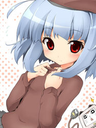  aikei blue_hair blush copyright_request female hat looking_at_viewer red_eyes short_hair skirt solo sweater turtleneck 