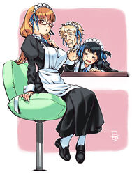  3girls arashiyama_hotori black_hair blonde_hair breast_envy chair glasses hair_ribbon hairband isohata_uki long_hair maid multiple_girls orange_hair oshare_kyoushitsu pantyhose ribbon soredemo_machi_wa_mawatteiru tatsuno_toshiko tears 