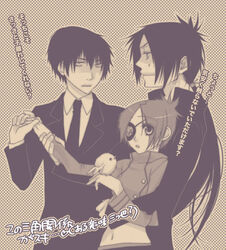  2boys aged_up black_hair brown_theme chrome_dokuro eyepatch female formal hibari_kyouya hibird holding_hands hug hug_from_behind katekyo_hitman_reborn! long_hair monochrome multiple_boys polka_dot polka_dot_background purple_theme rokudou_mukuro short_hair toriniku_(suikyou) 