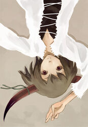  brown_hair copyright_request female horns inaba_taiju lying short_hair solo upside-down 